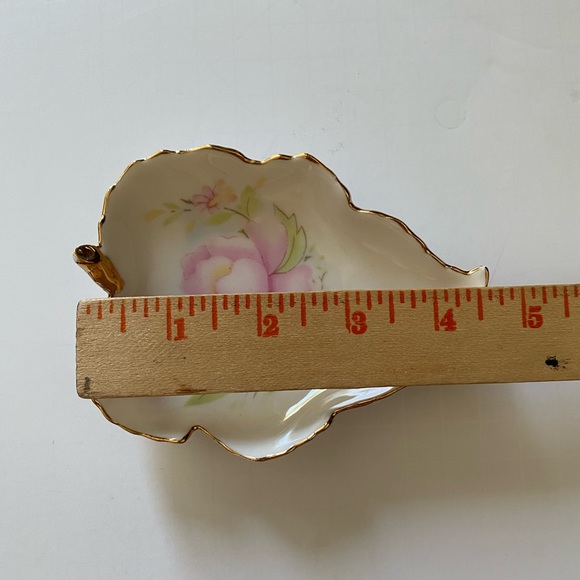 VTG Leaf Shaped Hand Painted Dish With Pink Flowers Gold Rim, small - Picture 5 of 8